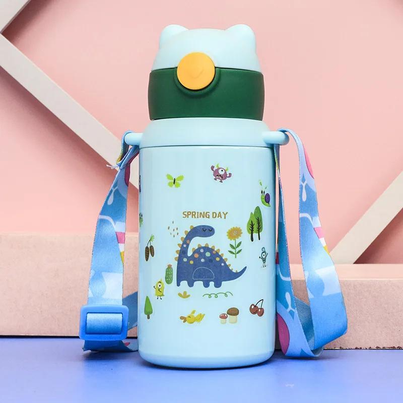 

Creative Cartoon Children s Thermos Mug Strap Sticker Thickened 316 Stainless Steel Vacuum Thermos Mug with Straw Portable 450ml