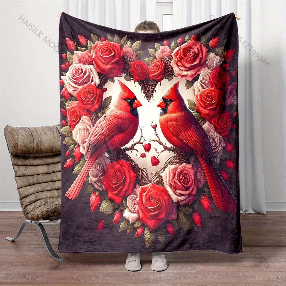 Heart-shaped Roses and Cardinals Pattern Blanket Flannel Material Soft Warm for All Seasons, Home Outdoor Camping Picnics RV