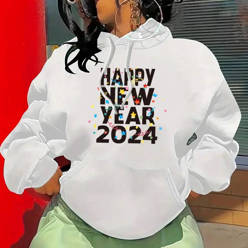 Herbst und Winter Frohes Neues Jahr Bedruckter Schulterärmel Fleece Kapuzenpullover Damen