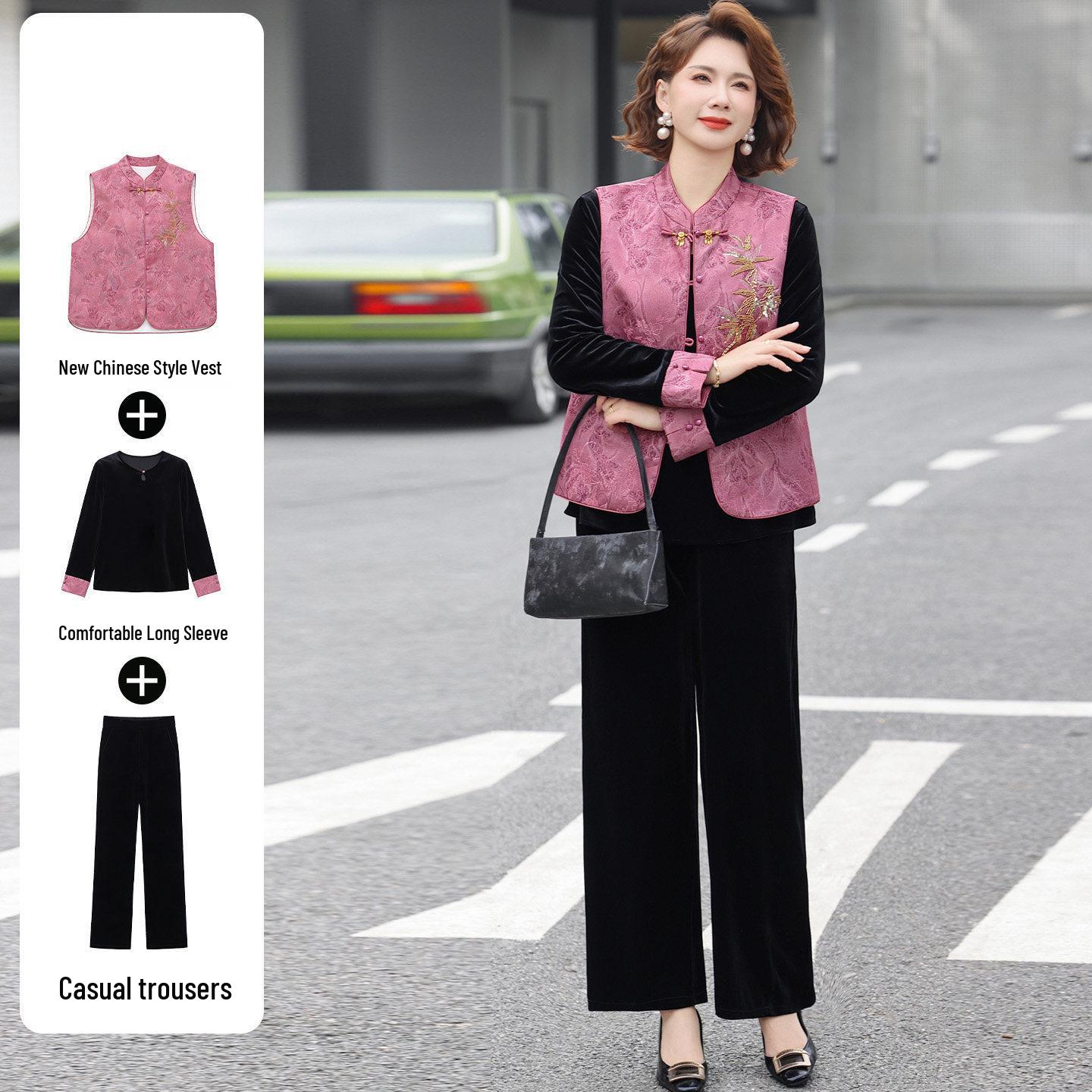 

2026 New Spring/Autumn Gold Velvet Suit for Mom - Chinese Style Vest Jacket for Middle-Aged & Elderly 3XL (Suggested 120-135 lbs)