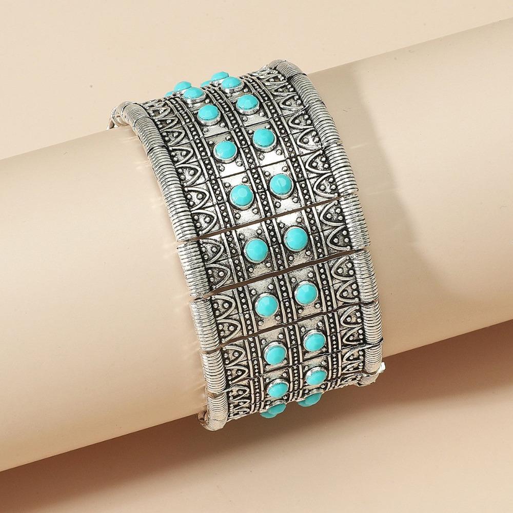 European and American Ethnic Style Personalized Retro Alloy Turquoise Elastic Bracelet Women's Bohemian Bracelet Jewelry