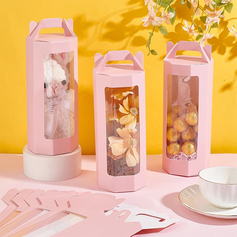 10Pcs Paper Gift Storage Boxes with Visible Window Packaging Carton Boxes Octagon Pink 8.8x3.5x24.5cm