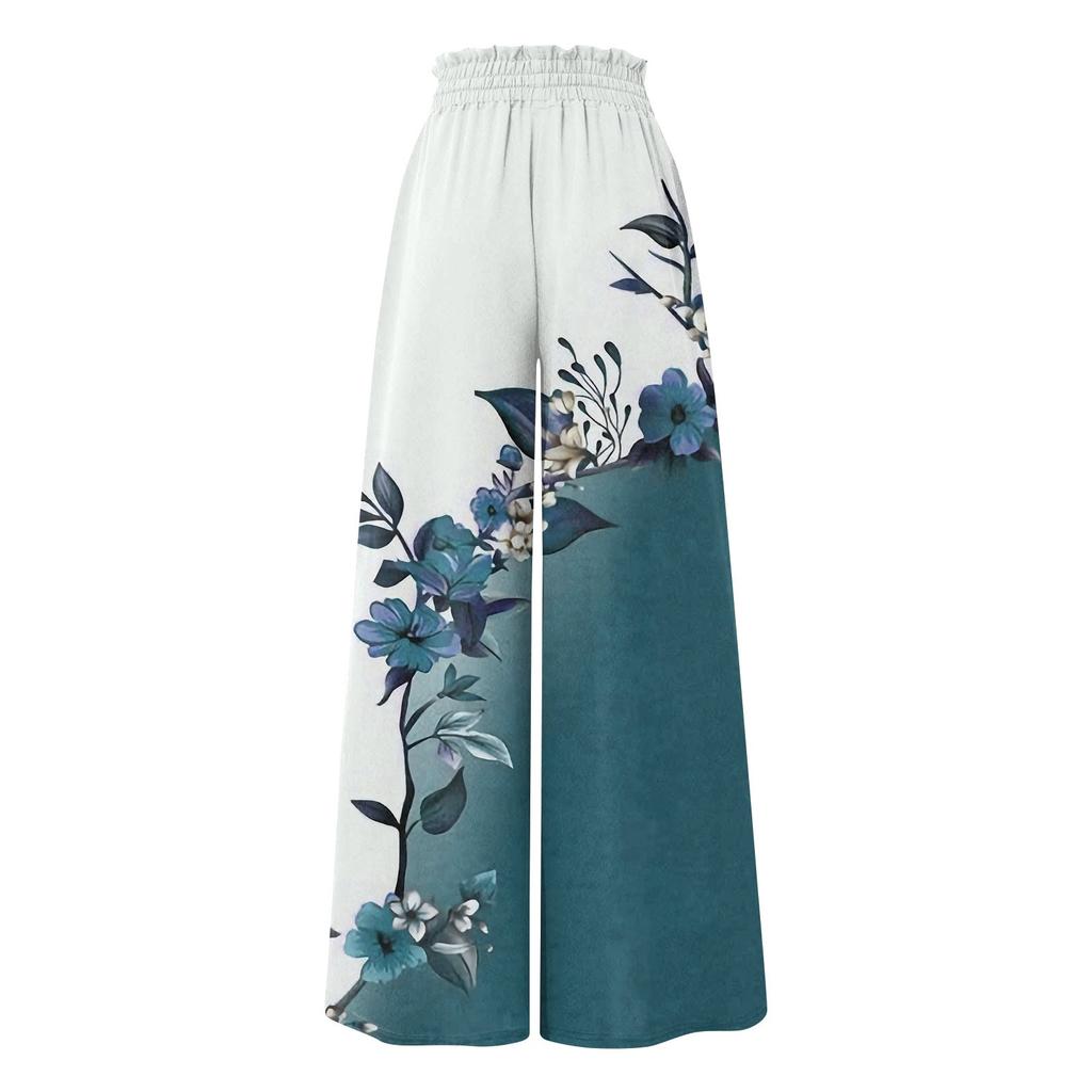 Women's Pants Boho Print Elastic High Waisted Pants Casual Wide Leg Long Pant Trousers With Pocket