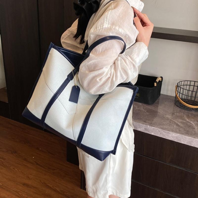 Stylish Contrast Color Tote Bag for Women Spring Trendy PU Shoulder Bag Fashionable Commuting Bag for Daily Use
