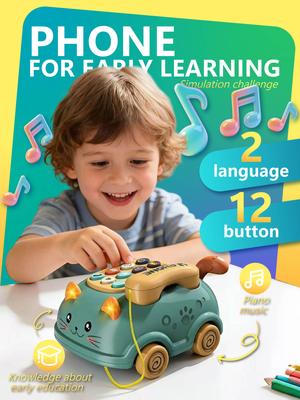 Toddler Early Learning Phone Toy - 2-Language Cat Car Shape with Piano Music & 12 Buttons