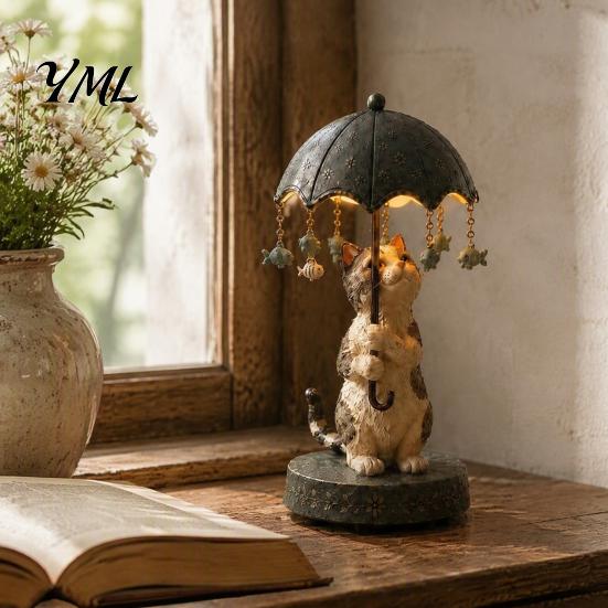 Cute Animal Sculpture Lamp Rotating Umbrella Lamp, Resin Holding Vintage Sculpture, Shape Bedside Light Tabletop Cat Dog Goose Figurine for