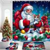 Christmas Santa Claus Pattern Shower Curtain Bath Sets Waterproof Non-Slip Bathroom Rug Toilet U  With 12 Hooks Home Deco