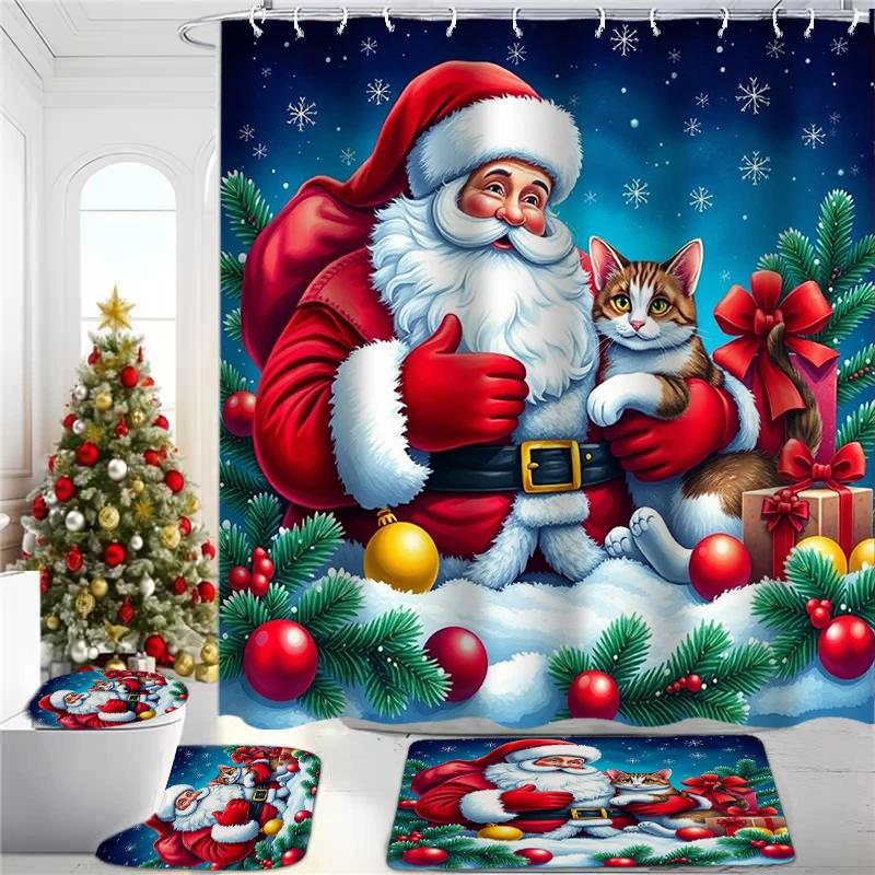 Christmas Santa Claus Pattern Shower Curtain Bath Sets Waterproof Non-Slip Bathroom Rug Toilet U  With 12 Hooks Home Deco