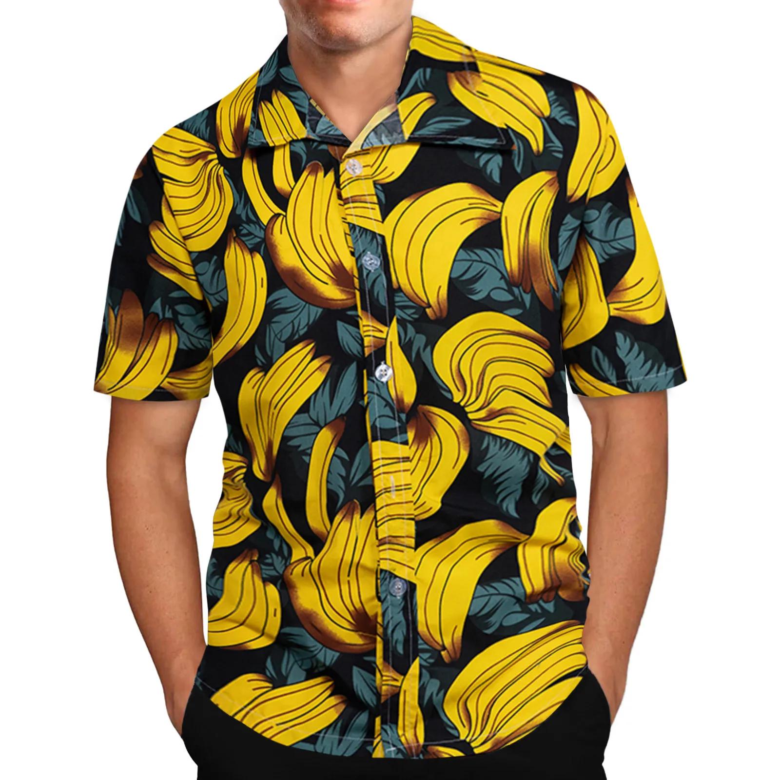 Hawaiianisches Kurzarmhemd, Bananenprint, Lässige Sommerkleidung XXL black