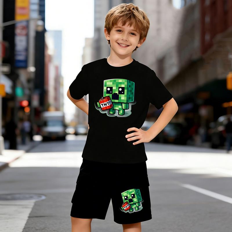 

Boys 2 Piece Cartoon Pattern Print Outfit, Short Sleeve T-Shirt and Shorts Set for Kids Age 5-14,Black and White Sporty Casual Summer Clothes 5-6 Years