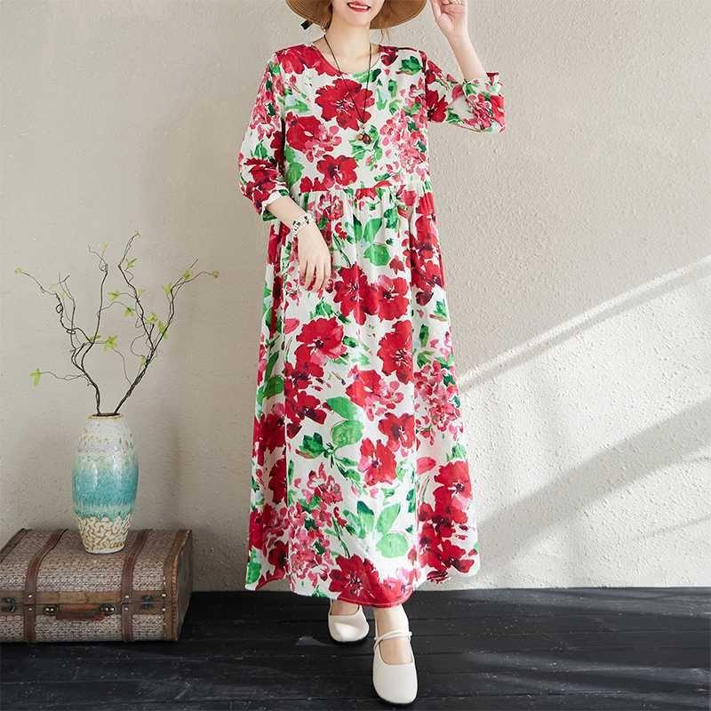 

2025 New Floral Vacation Style Travel Round Neck Vintage Dresses L