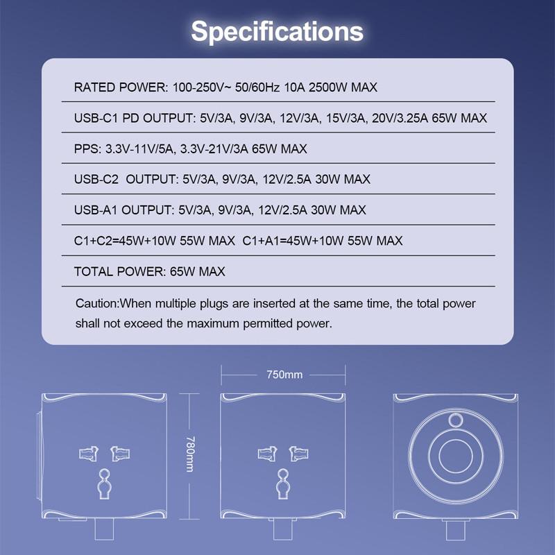 6 IN 1 Cube Design Power Strips 65W Super Fast Charging 2M Universal Standard Extension Cord Power Socket