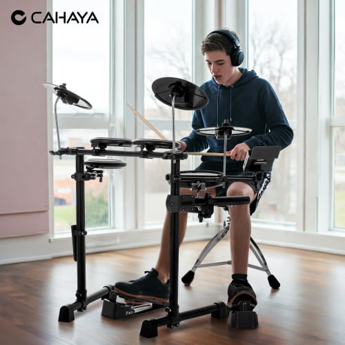 CAHAYA Elektroniczny Zestaw Perkusyjny ze Stołkiem, Słuchawkami, Dwoma Pedałami, Konstrukcja Siatkowa, Funkcja MIDI, Dwiema Pałeczkami, Przechowywanie Muzyki, Uchwyt na Pałeczki, 350 S