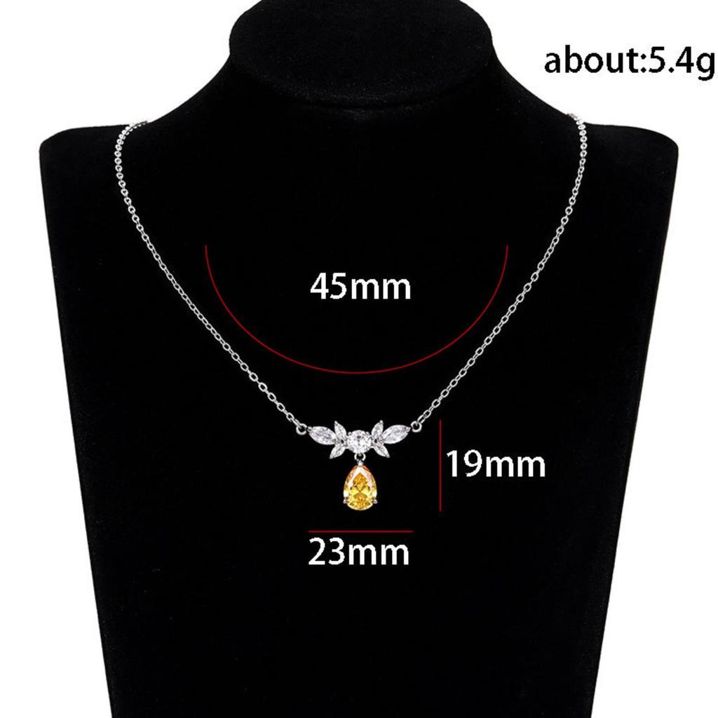 Women Yellow Teardrop Pendant Necklace with Sparkling Stone Cluster Elegant Silver Tone