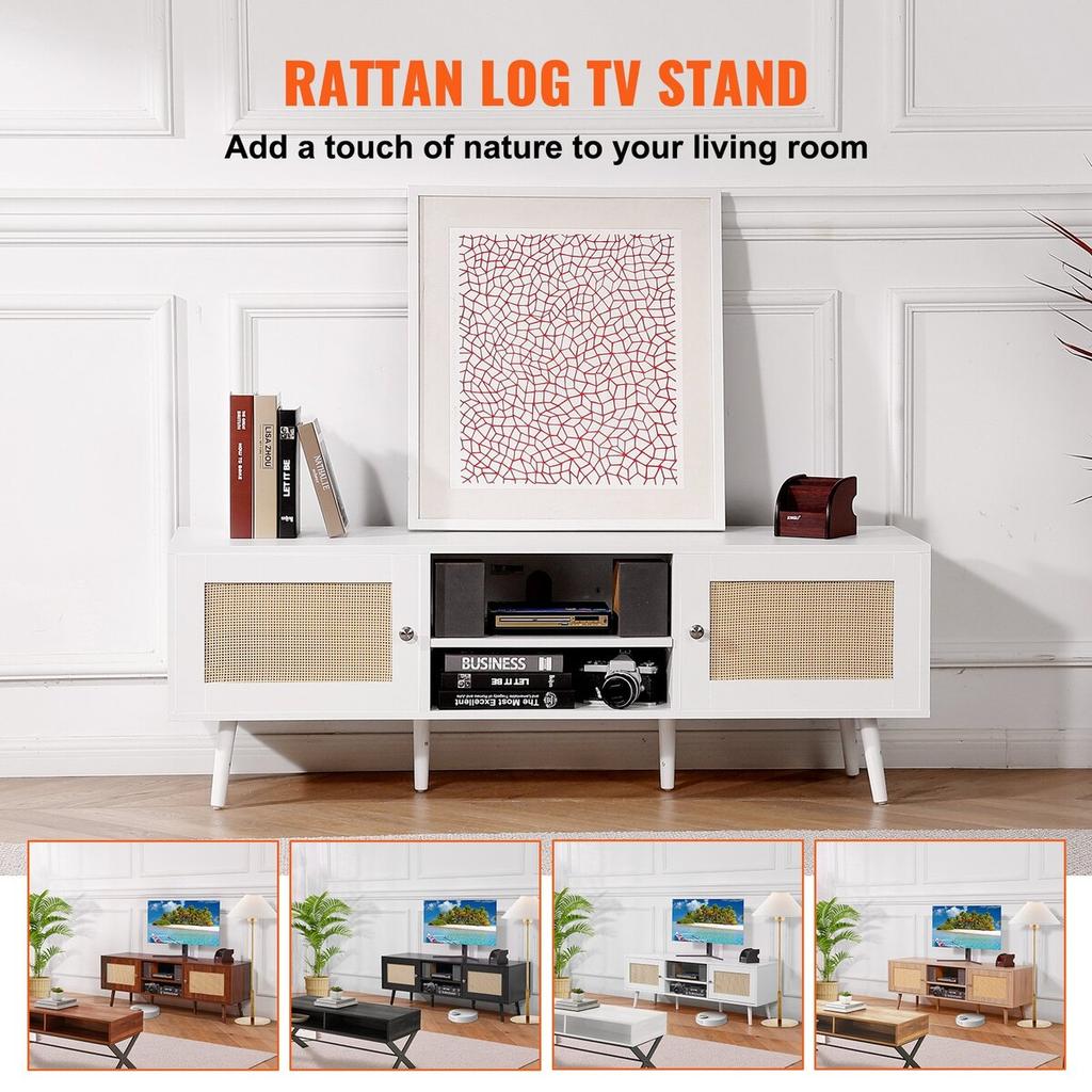 Rattan TV Stand for 65" TV Boho TV Stand with Build-in Socket White