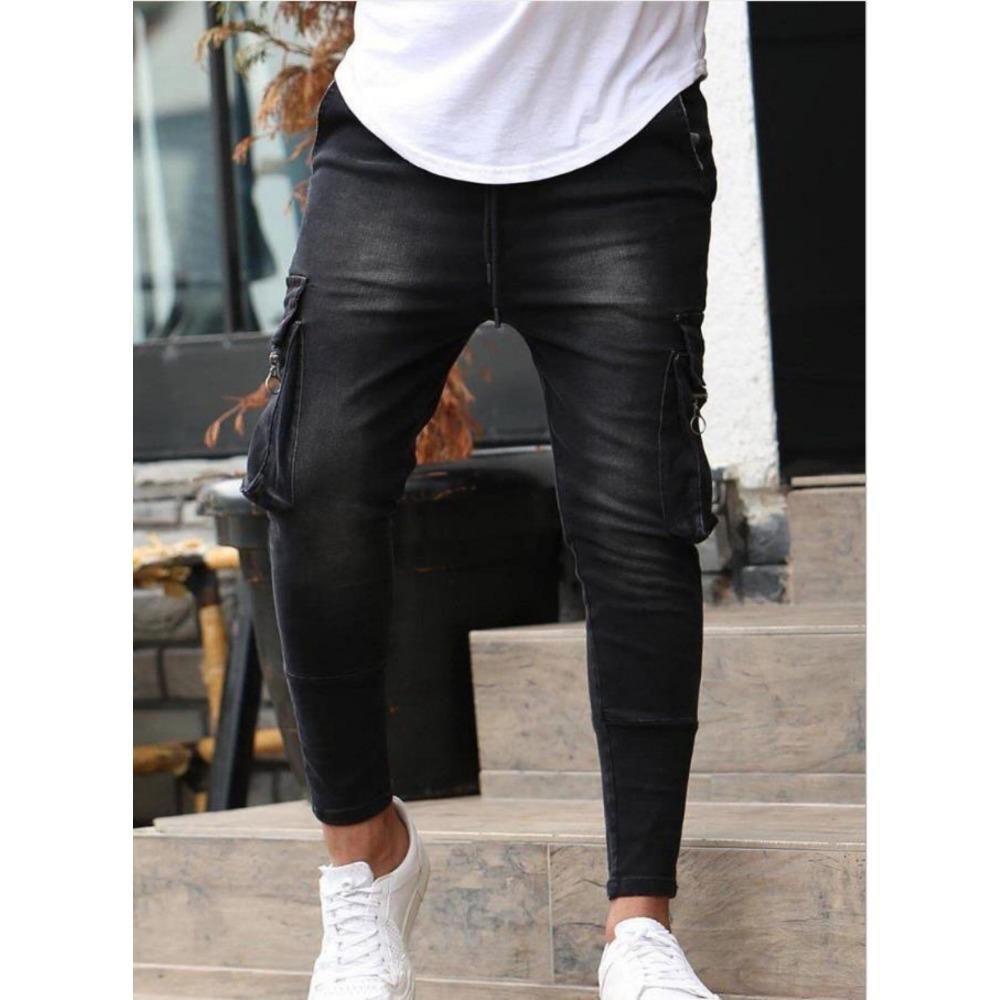 Pánské džíny Street Elastic Jeans Cargo Kalhoty Seprané Jednobarevné Více Kapes Neformální Kalhoty Se Středním Pasem Slim Fit Denní Nošení Joggers