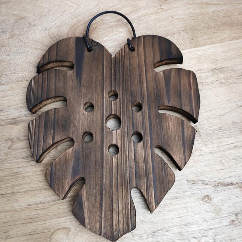 Wooden Hanging Planter Container For Staghorn Ferns With Iron Hook Indoor Wall Mount For Mosses Plant Leaf Shape Design