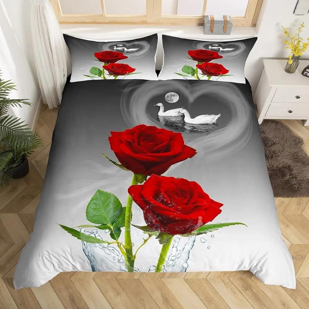 Comforter Red Rose Twin King Size Romantic Floral Bedding Set Flower Comforter With 2 For Valentine'S Day