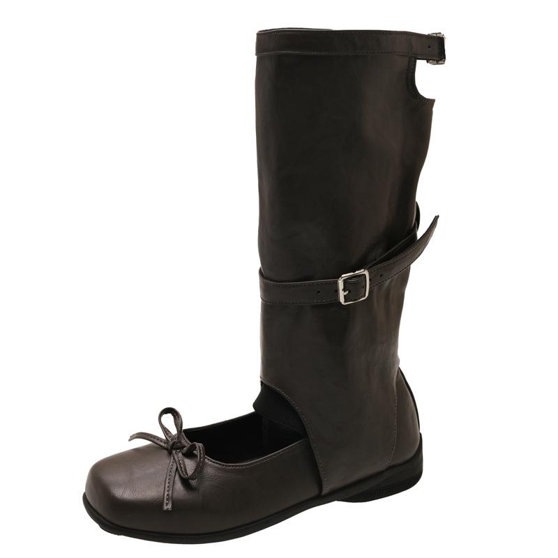 

Maillard boots 2025 autumn and winter new design sense round head bow thick heel solid color ballet cool boots 35