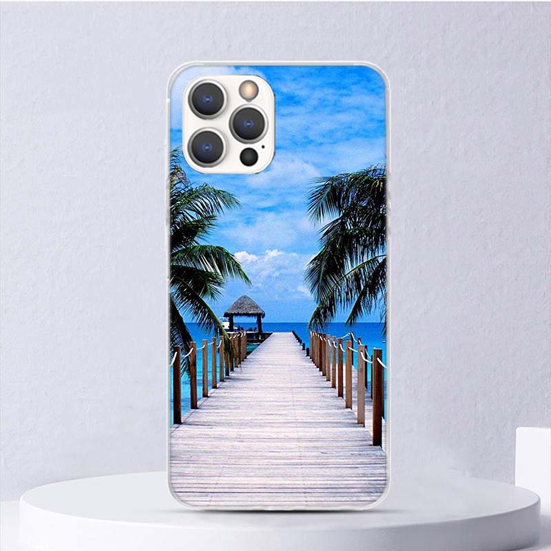 Sommer Strand Sonnenuntergang Meer Palme Weiche Hülle Für iPhone 16 17 Air 16E 15 Plus 11 12 13 Mini 14 Pro Max Handyhülle Apple 7 8 SE C