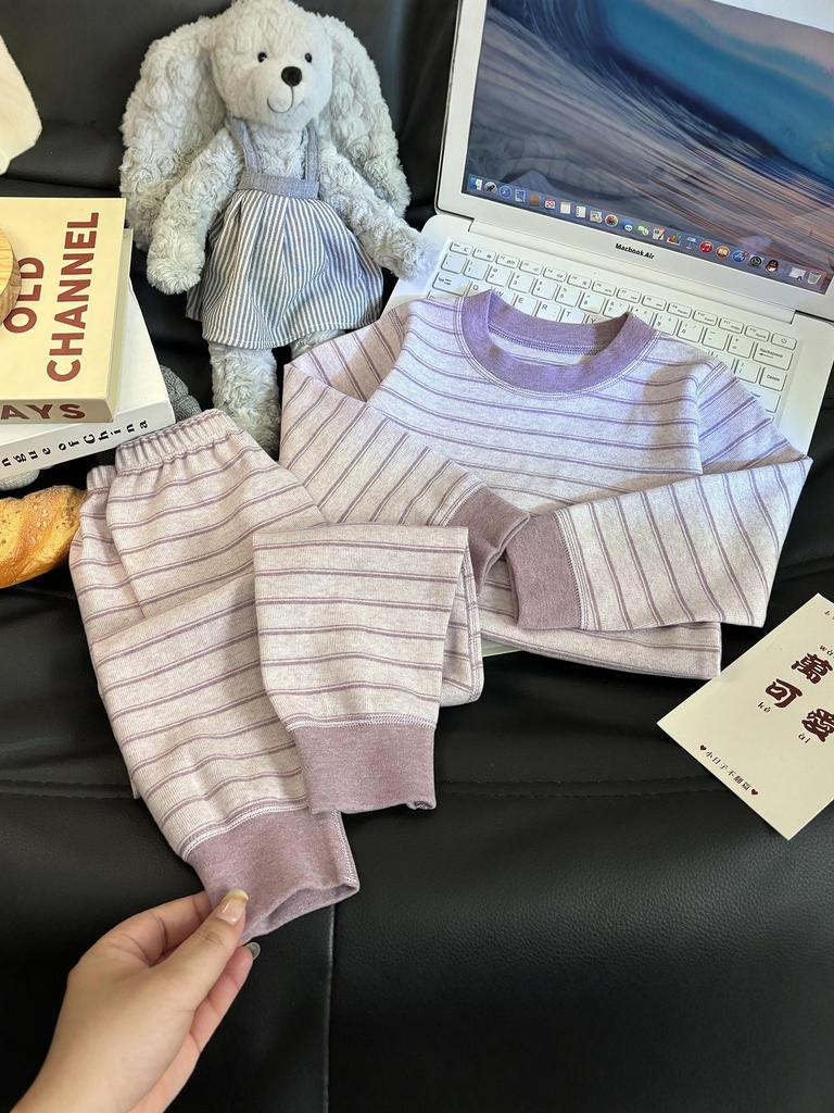 300g Kids' Striped Thermal Set: Pure Cotton Thickened Top & Bottom for Boys & Girls, Autumn/Winter Home Wear.