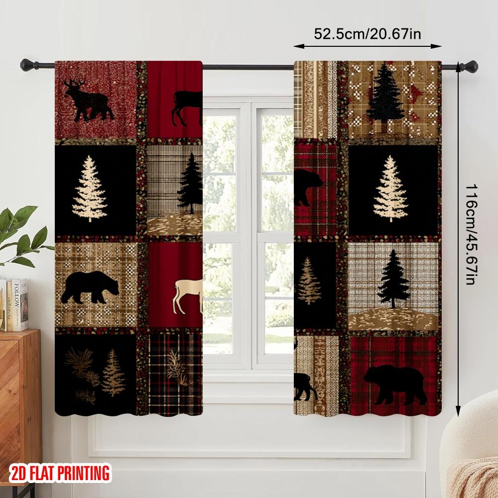 2 Stück, 2D-Flachdruck Kreative Vorhänge Rot karierter Bär Reh Wald Vielseitig 100% Polyester (ohne Stange) Vielseitig für alle Anwendungen