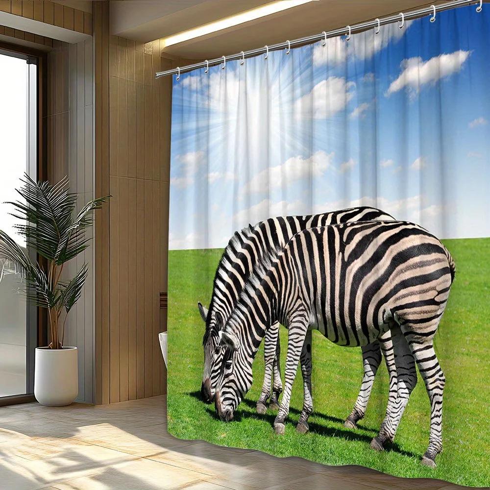 1pc Zebra Shower Curtain with 12 Hooks - Black-and-White Striking Zebra Design On Lush Green Field, 70. 87x70. 87 Inches, Polyes