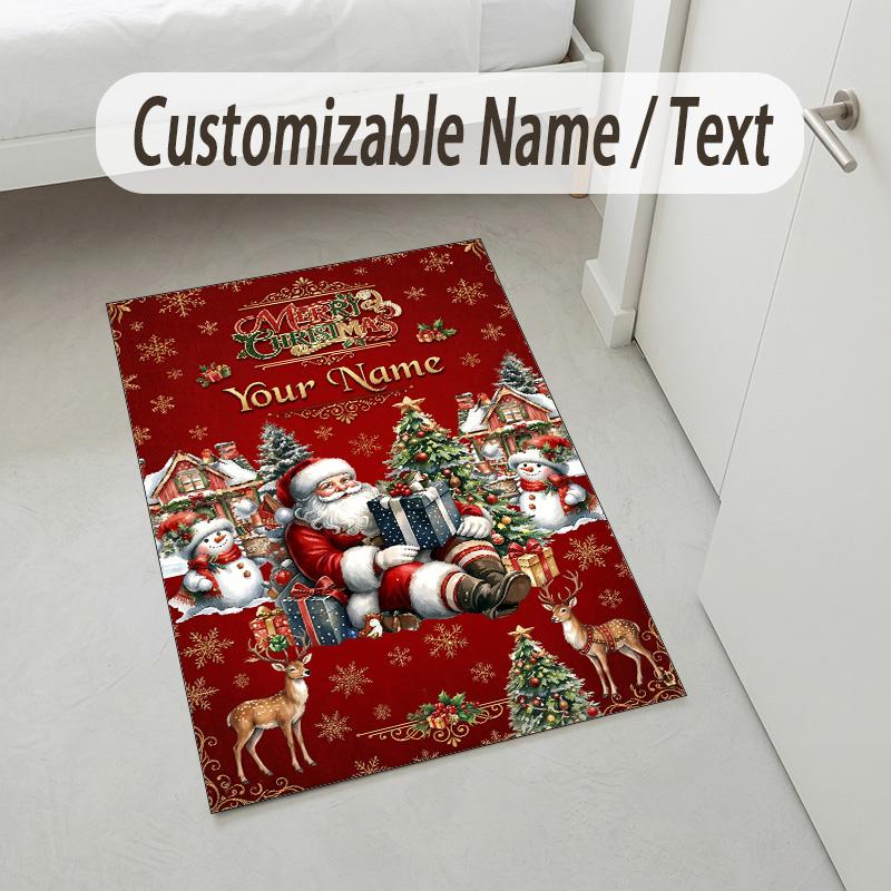 Christmas Theme Crystal Velvet Rug Personalized Custom Name Text Soft Floor Mat Home Decor