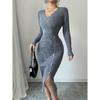 Women'S Knitted Wrap Dr High Waist Bodycon Base Layer Inner Wear Mid-Length V-Ne Long Sve Polyester Autumn Winter