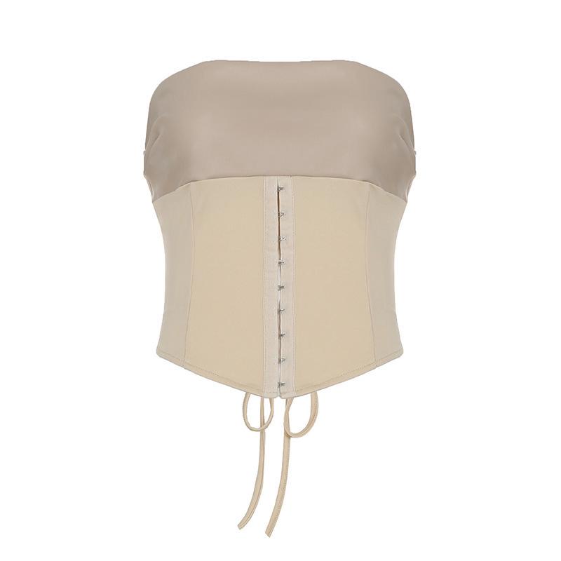 Retro Cross-Border Lace-Up Strapless Waist-Shaping Top and Hollow-Out Leather Skirt Set for Women