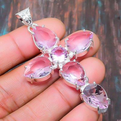 Gioielli con ciondolo in argento sterling 925 fatti a mano con pietra preziosa Kunzite rosa croce per il regalo del giorno di Natale