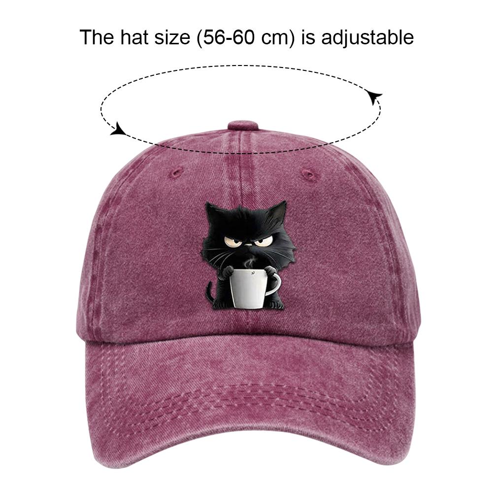 Washed Cotton Vintage Baseball Caps Breathable Coffee Cat Graphic Baseball Hats Adjustable 56-60cm Casual Headwear Hip Hop Caps