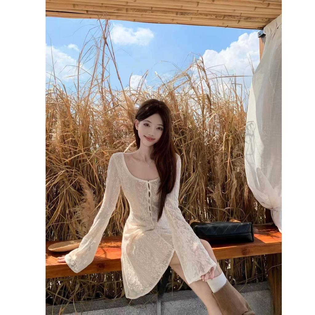 Hollow Lace Bell Sleeve Dress - Women's Elegant Slimming Autumn Style, Waist-Cinching Long Sleeve Skirt