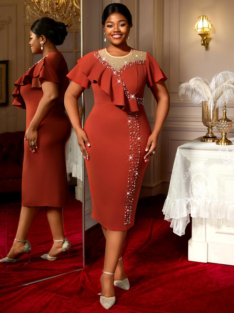 Elegant Dame Pakke Hofter Bodycon Knelang Kjole med Volang Korte Ermer Rhinestone-pyntet Utringning Perfekt for Kveldsfest