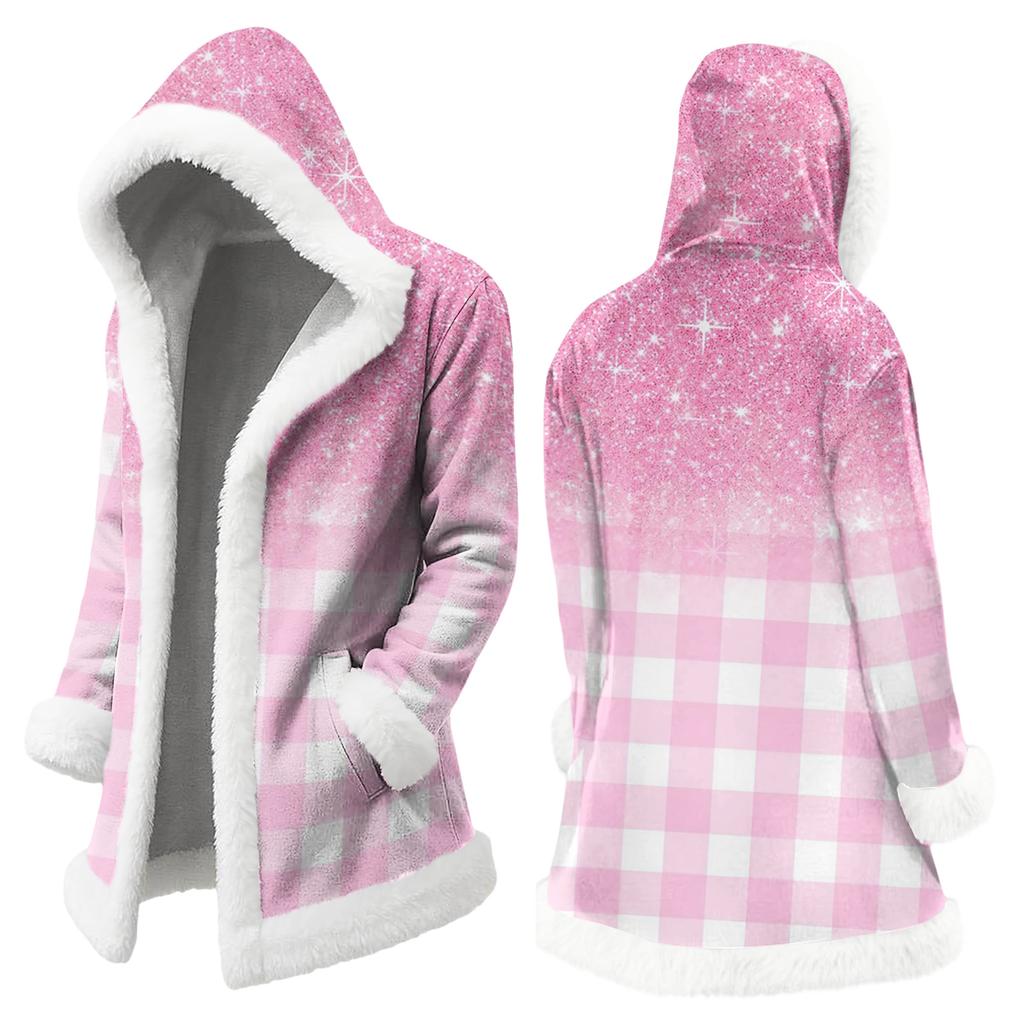 Unisex Casual And Fashionable Plush Collar Hooded Long Sleeved Floral Gradient Printing Jacket