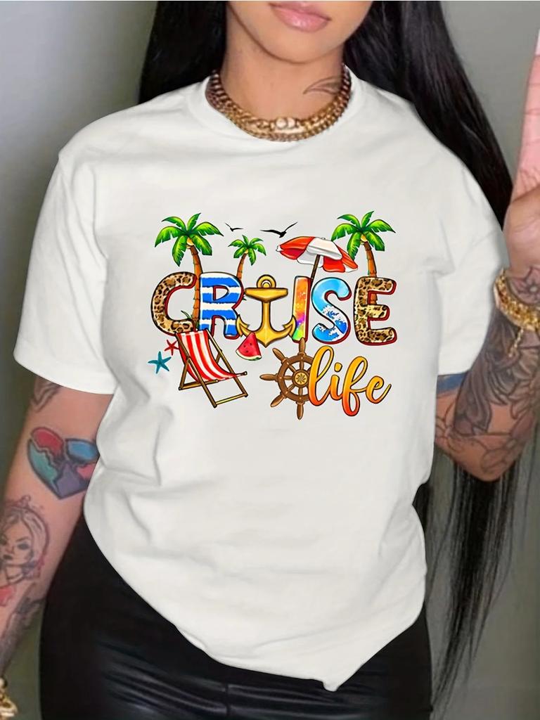 White Versatile Cruise Life 3D Print Crew Neck T-shirt Casual Short Sleeve Women's Clothing Round Neck Women's Clothing
