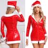 Dámský vánoční kostým Mrs Claus Santa Lakovaná kůže Minišaty Bodycon s dlouhým rukávem a kloboukem Vánoční outfit