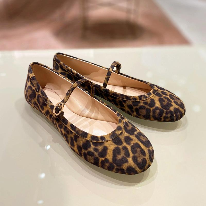 Leather retro light mouth round head one-word buckle with Mary Jane leopard print single shoes women's summer and autumn new ballet flats