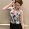 Thousand-bird Grid Halter Waistcoat Hong Kong Wind Retro with New Temperament Waist Slimming Retro Top Tide