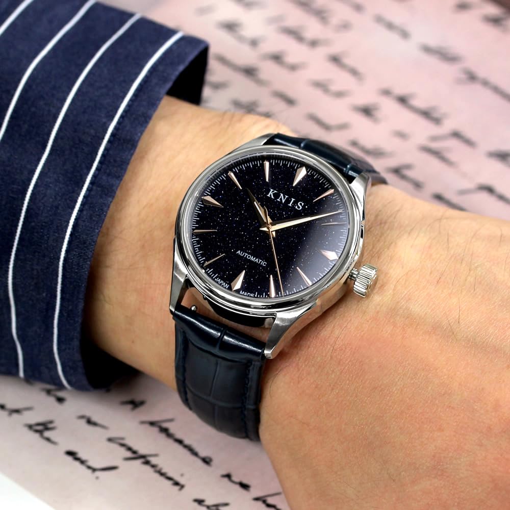 KNIS lak Avanturín Made in Japan Automatické hodinky Safírové sklo Kožený řemínek 10 ATM Voděodolný mechanický Modrá Stříbrná Modrá Kožená Pánské