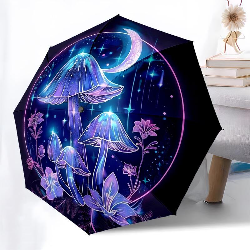 1pc Fantasy Mushroom Night Scene Umbrella with Plastic Handle,Vibrant Cartoon Pattern,Multi-functional UmbrellaB1968