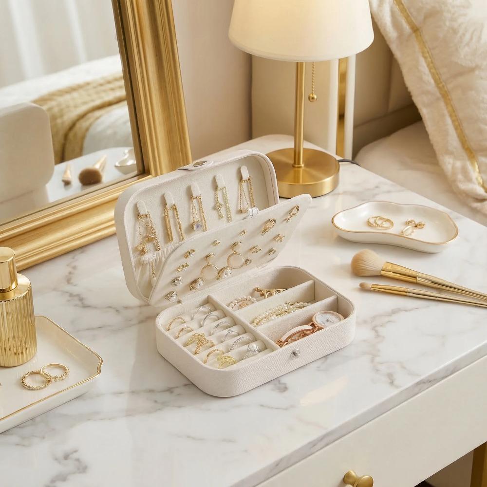 Women's and Girls' Portable Jewelry Box - Double-Layer Display and Storage Organizer for Earrings, Rings, Necklaces (1 Piece, White)