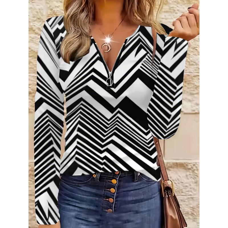 Women's Patchwork Zipper Top - Long-sleeved V-neck, Black and White Geometric Print Decoration, Slim Design, Fashionable and Personalized