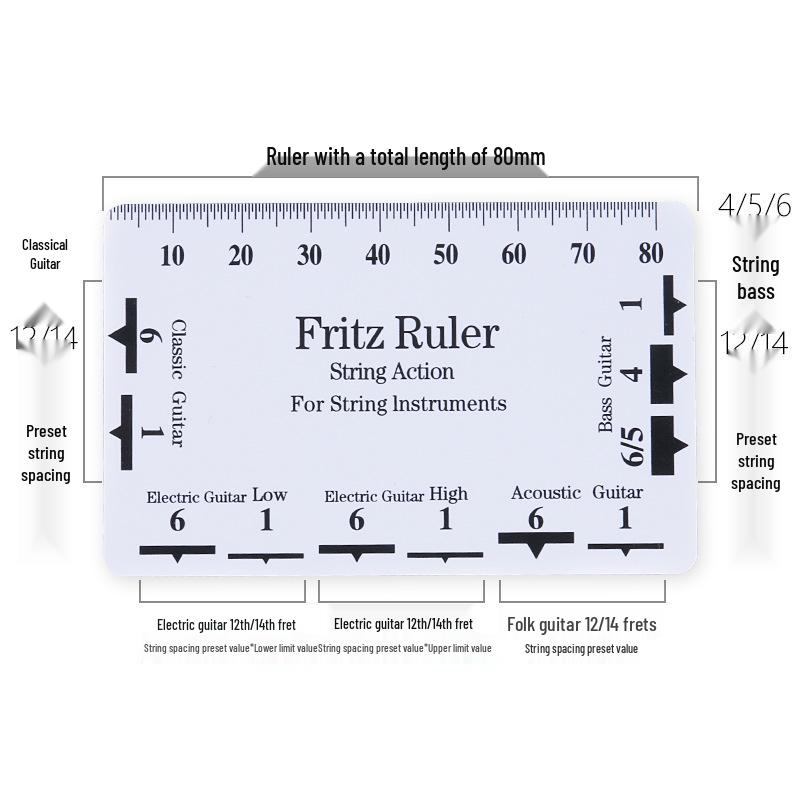 Stainless Steel Guitar String Spacing and Height Measuring Ruler for Electric, Classical, and Bass Guitars.