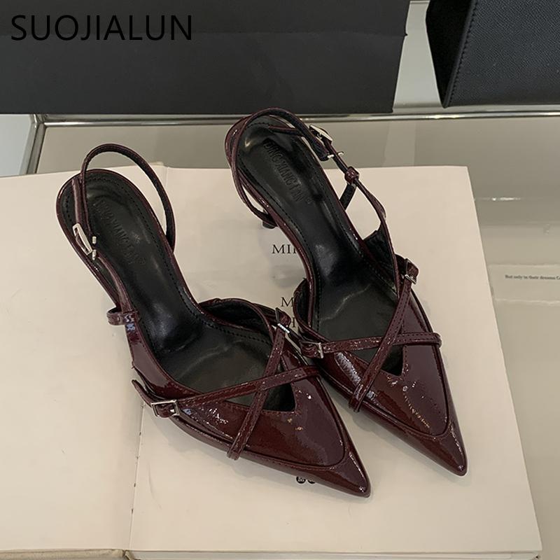 Fashion SUOJIALUN Spring New Brand Women Sandal Fashion Pointed Toe Shallow Slip On Ladies Slingback Shoes Thin High Heel Pumps Shoes