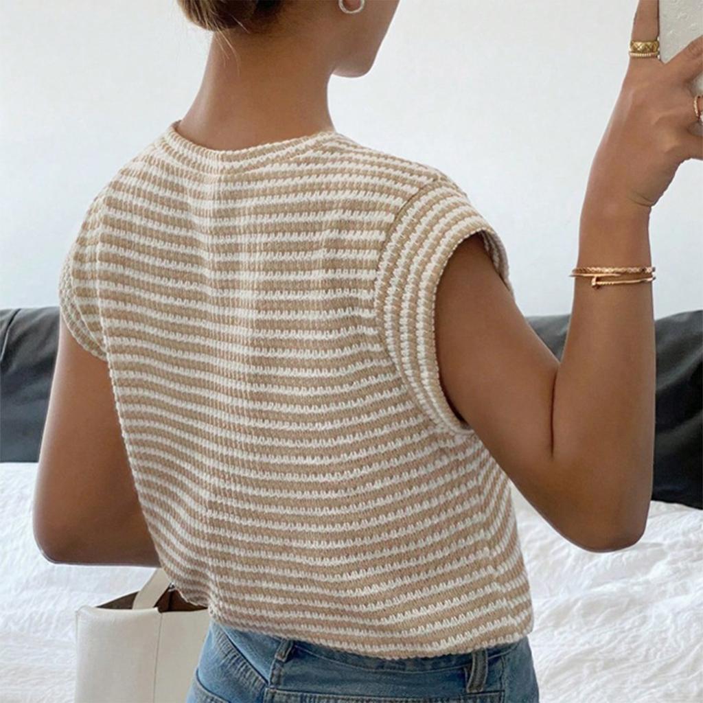 Women's Fashion Striped Round Neck Knitted Short Sleeved Pullover T-shirt Top