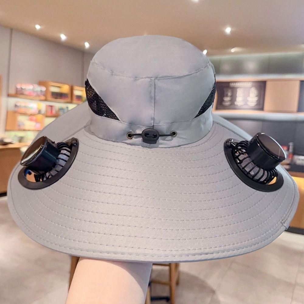 Dual Fan Wide Brim Sun Cap Breathable Adjustable Visor Cap Cooling Fisherman Hat  Fishing