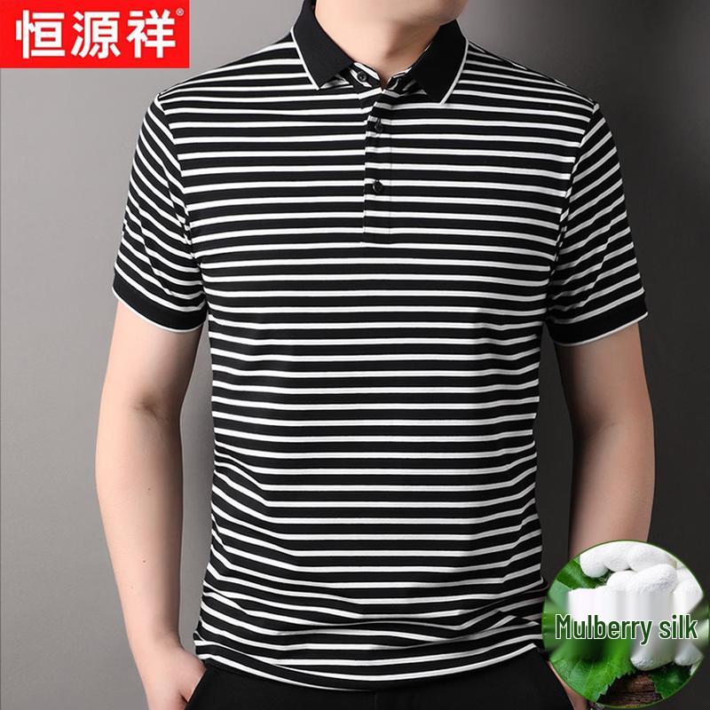 Hengyuanxiang Herren gestreiftes Polohemd aus Seidenmischung
