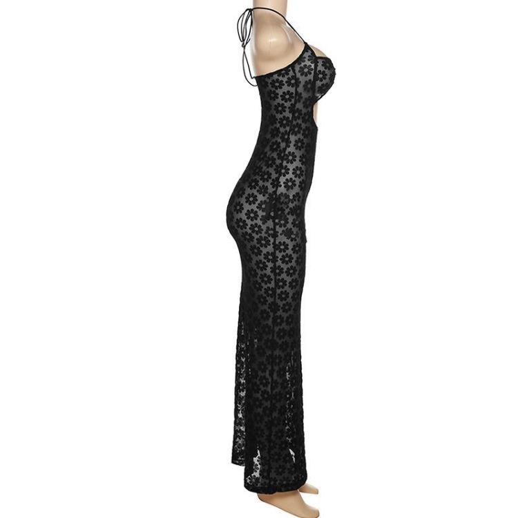 Summer Maxi Dress Elegant Women Backless Floral Cut Out Sexy Party Gown See Through Halter Club