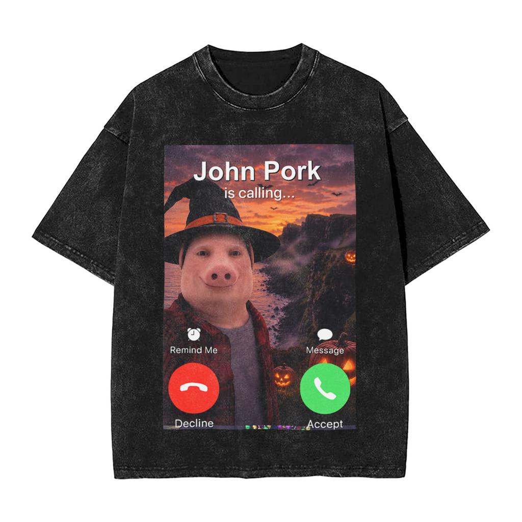 Vintage Washed Tshirt Funny Brainrot Outer Space Meme Tung Sahur John Pork Selfie Tshirts Fashion Tee Shirt Male Summer Tops